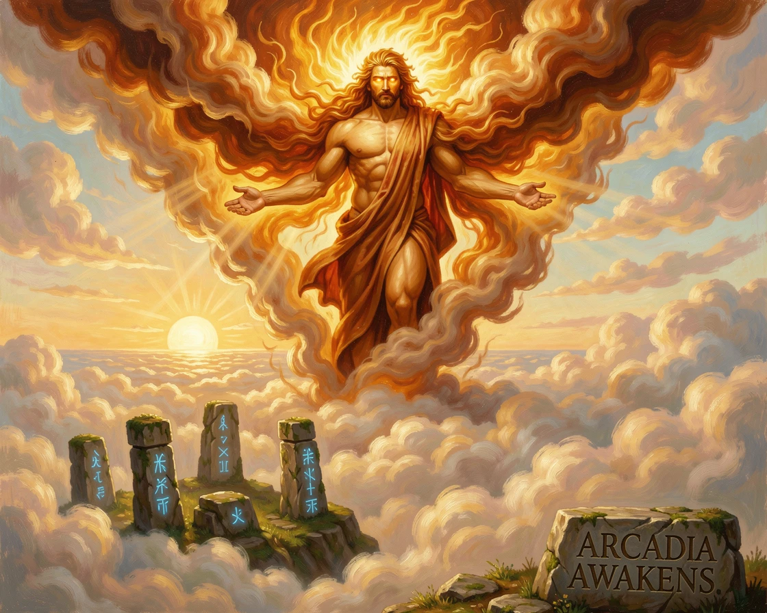 A god of the sky bursts into flame above a golden sunrise over the clouds as ancient magic stirs.