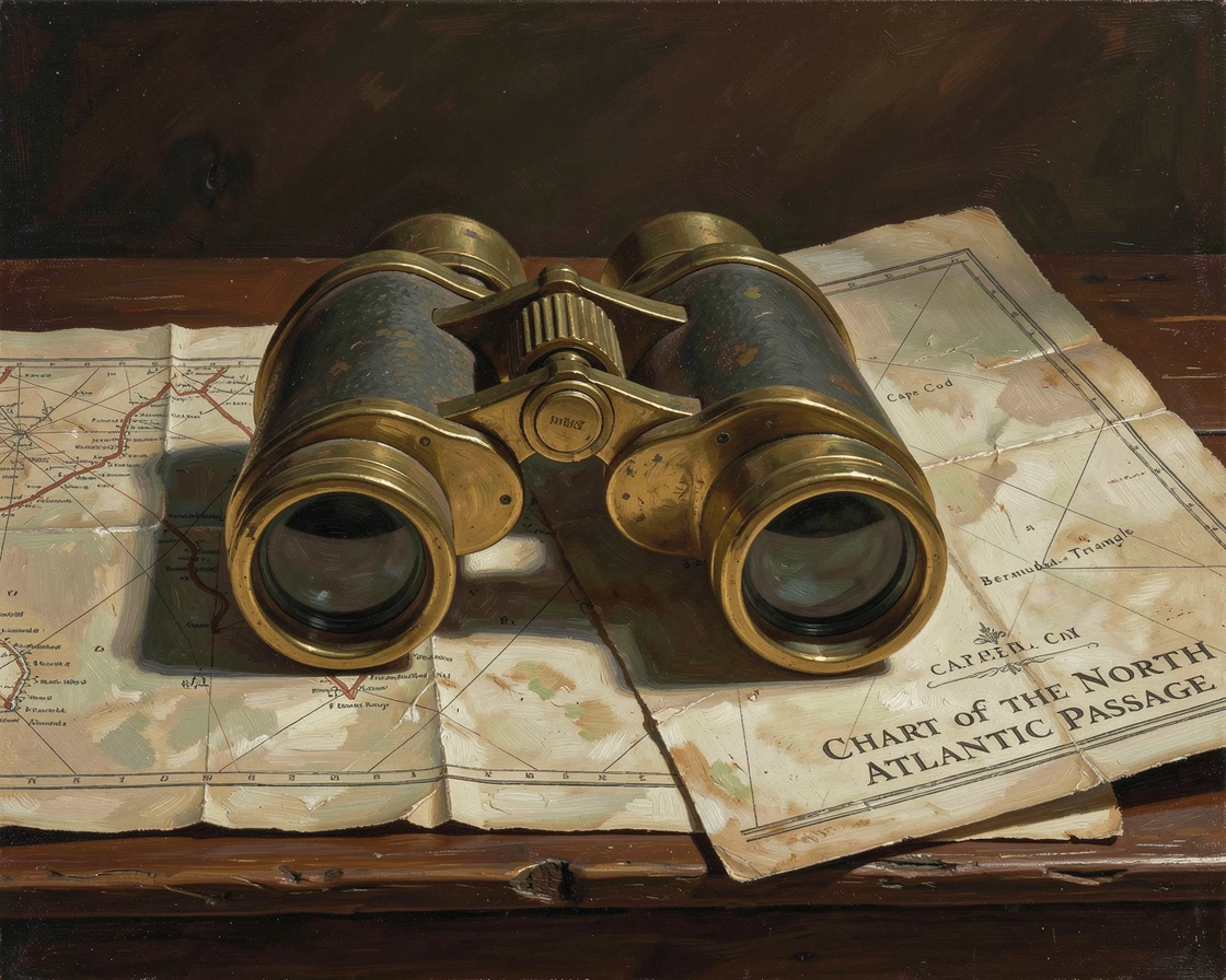 A pair of vintage binoculars resting on an antique nautical map, as delicate shadows fall across the surrounding surface, capturing timeless beauty through carefully chosen objects
