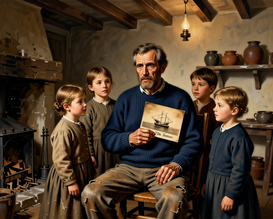 An old sailor recounting his final voyage to eager grandchildren at the moment hope and fear collide, set within a modest cottage lit by a single lamp, with a faded photograph clutched tightly to a chest; the surrounding onlookers form a soft frame around the emotional core, filled with gratitude, humility, and human warmth.