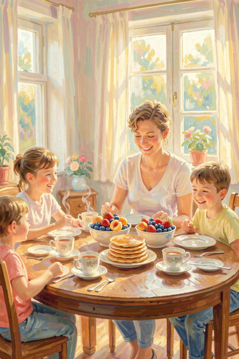 A quiet Sunday morning with a family gathered around a breakfast table filled with pancakes and fresh fruit, radiating joy and gentle celebration.