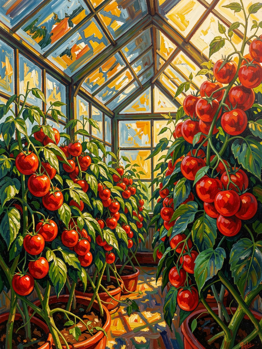 A greenhouse of tomato vines heavy with fruit, sunlight streaming through glass panes.