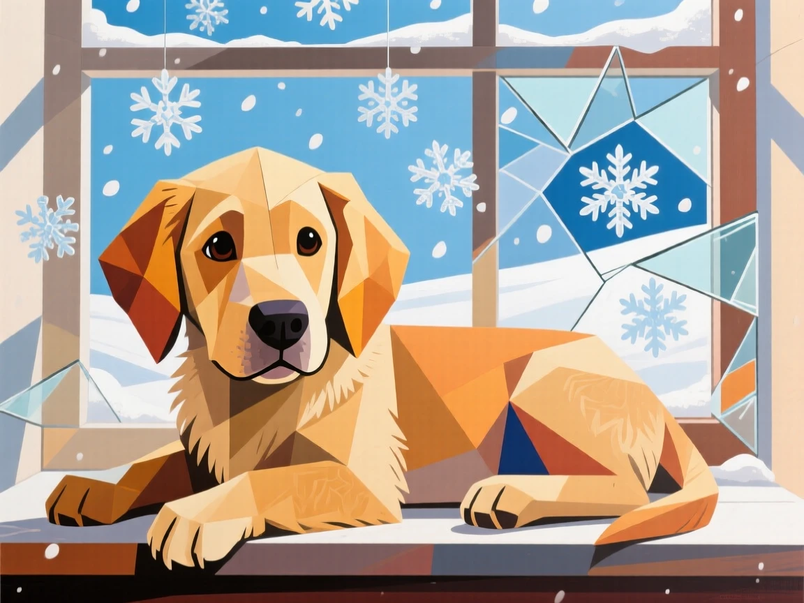 A charming close-up of a golden retriever puppy resting on a windowsill watching falling snow on a bright afternoon.