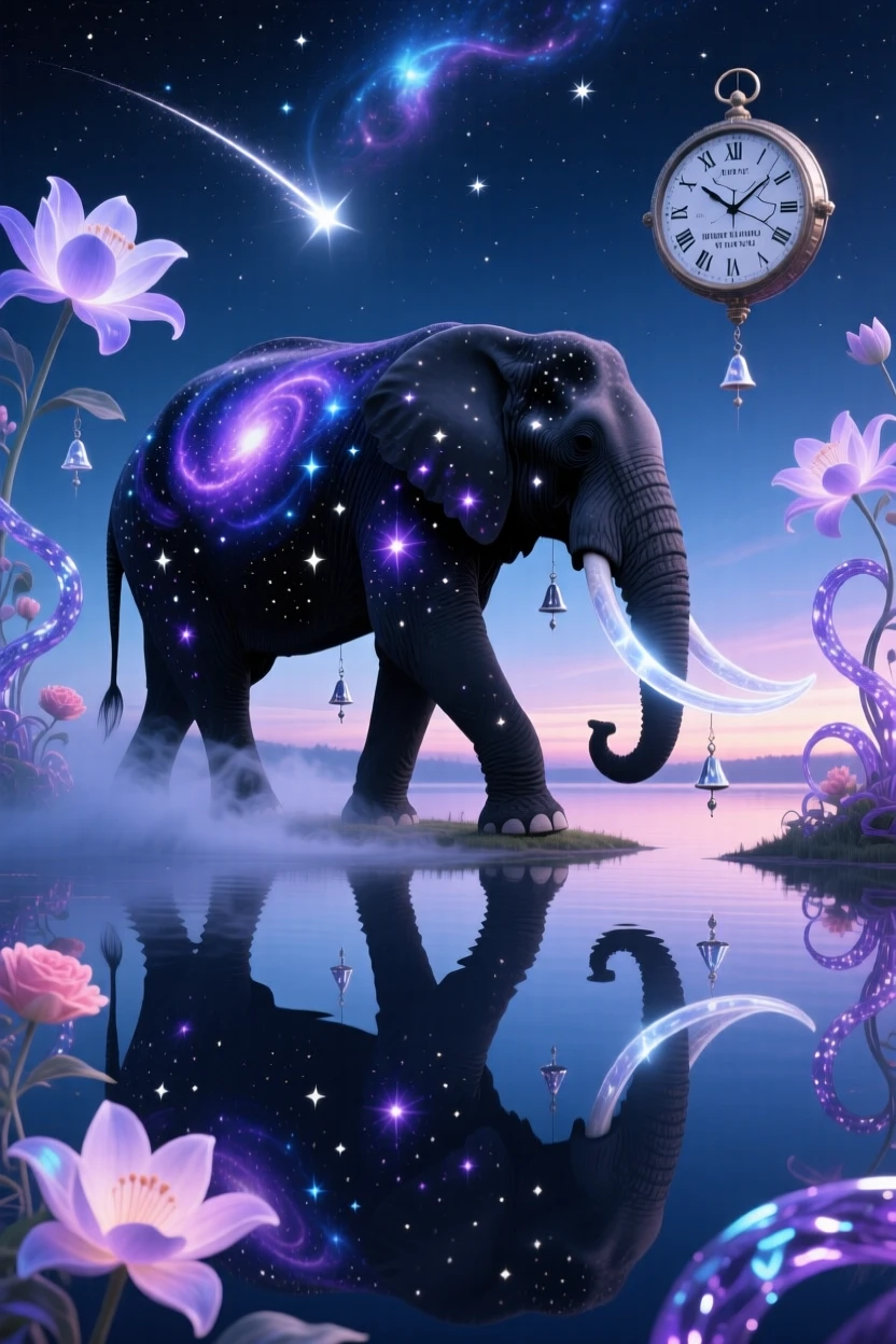 An elephant with a night sky patterned across its skin wanders along the edge of a mirror-smooth lake, while soft chimes seem to ring with each of its movements.