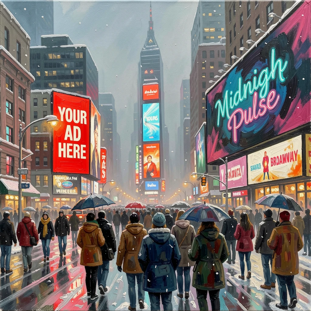 A bustling street scene in Times Square shows massive digital billboards illuminating crowds of tourists beneath a light dusting of snow, the air carrying a faint mist that softens distant shapes without obscuring the overall view.