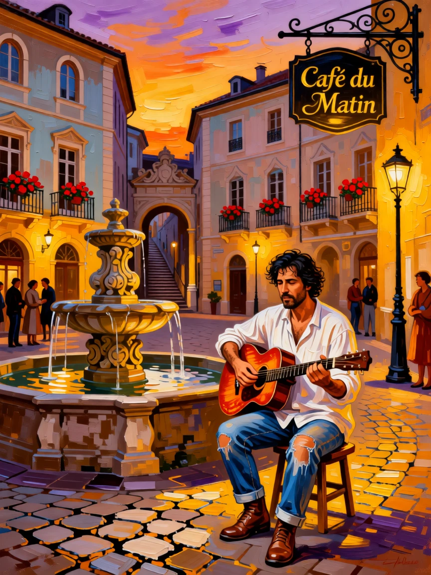 A street guitarist performing beside a fountain in a golden-lit European plaza