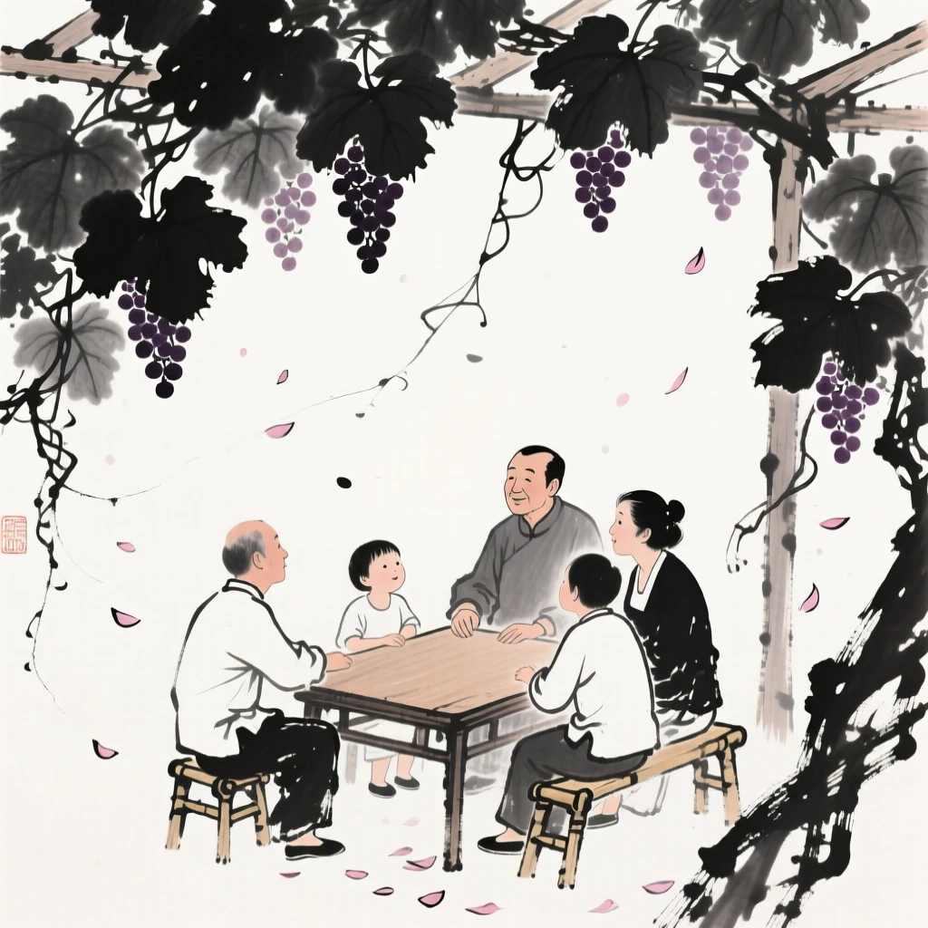 A family gathers around a table beneath a trellis of hanging grapevines, with petals drifting gently down around them.