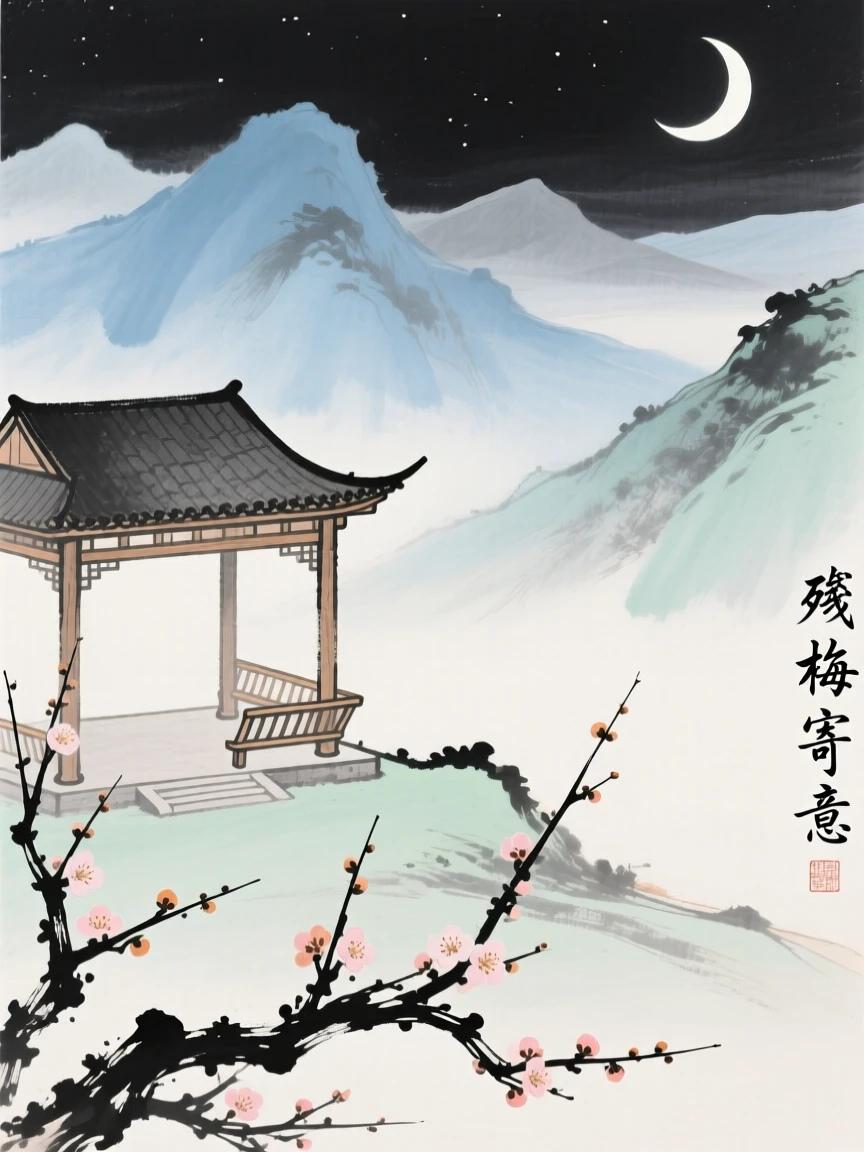 An empty pavilion overlooking mountains fading into evening haze, as the last plum blossoms cling to bare branches, suffused with quiet joy, beneath a crescent moon.
