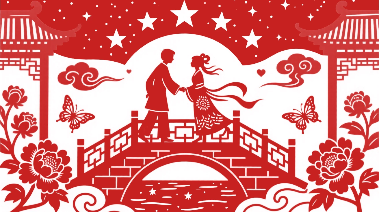 Two lovers meeting on a bridge over a starlit river, one holding out a hand to help the other cross