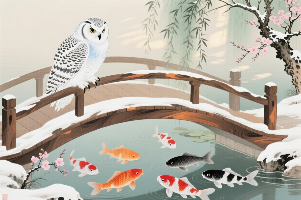 A snowy owl resting on a curved bridge railing over a koi pond, soft morning light filtering through the branches