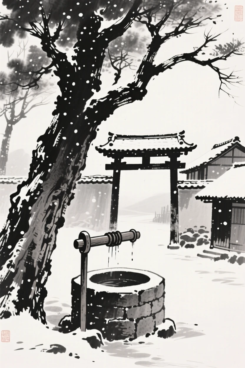 A quiet village well beneath an old tree beneath a canopy of falling snow, framed through an archway or gate for depth, capturing a serene blend of nature and human presence.