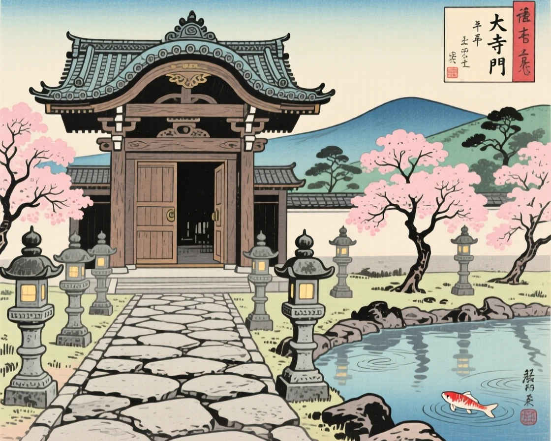 A grand temple gate flanked by stone lantern pathways.