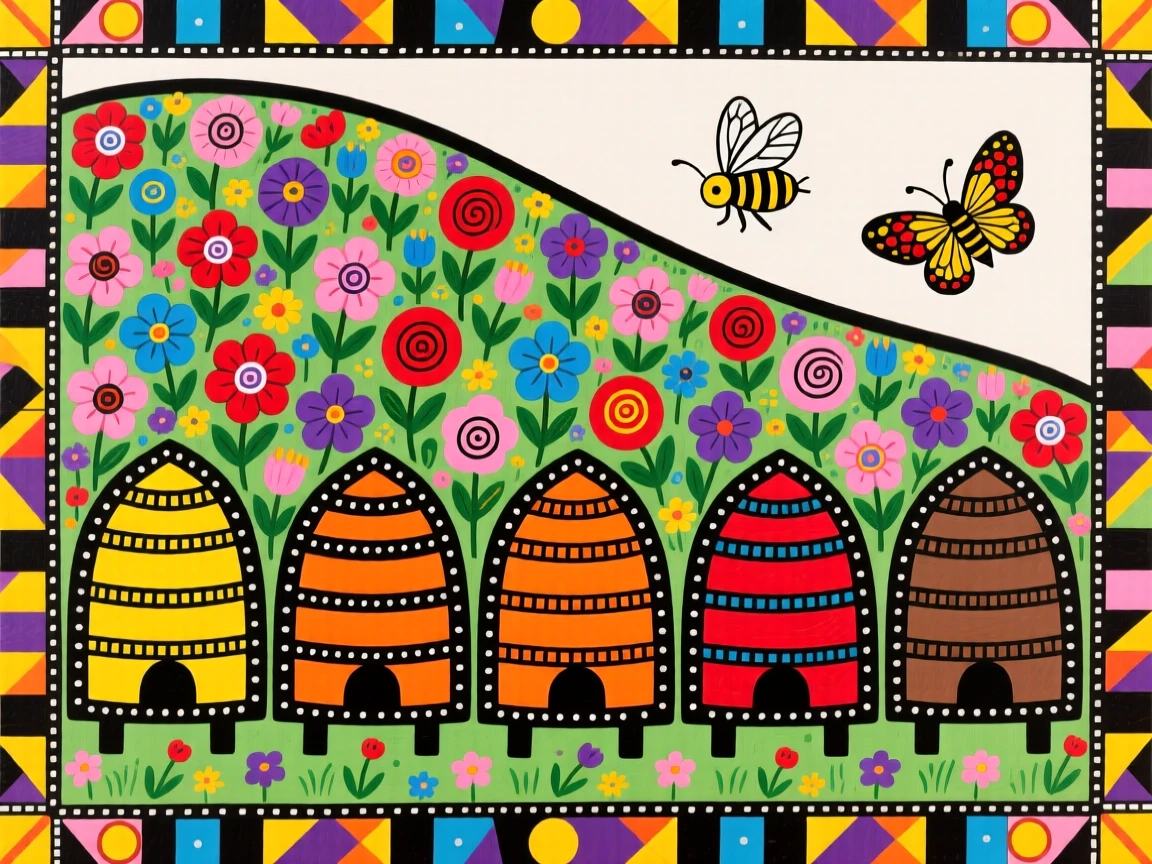 A row of beehives set against a hillside of wildflowers.