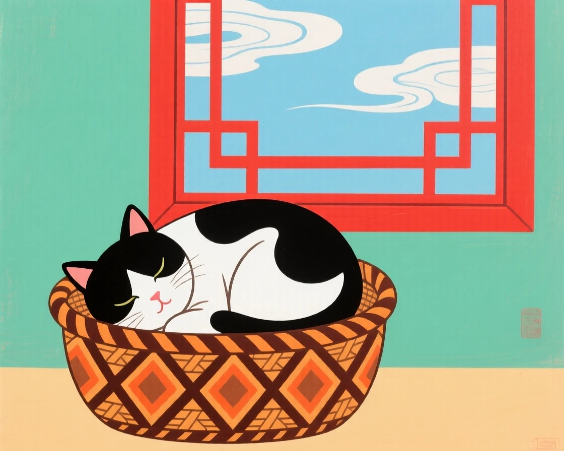 A black and white cat sleeping in a basket beside a window.