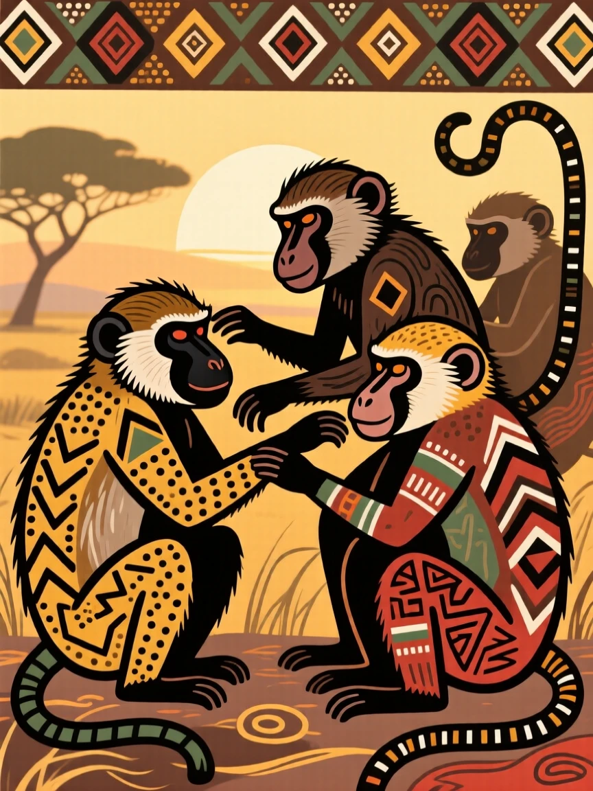 A troop of baboons grooming each other at dawn.