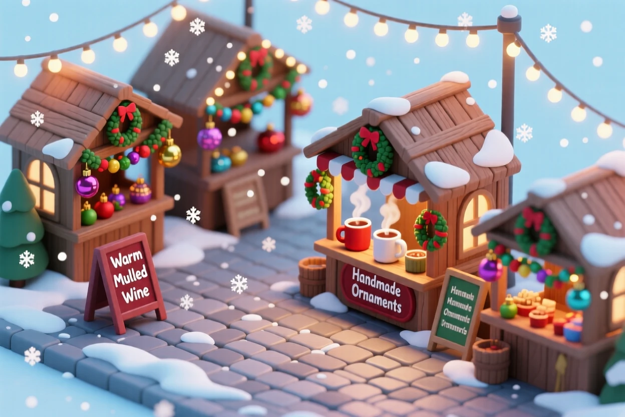 A festive Christmas market square with wooden stalls selling ornaments, mulled wine steaming, and snow gently falling under twinkling lights.