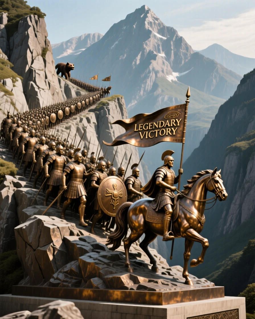 An ancient army crossing a great mountain range, framed by sweeping, monumental scale, evoking legend and timeless drama