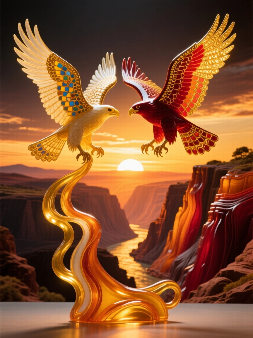 A pair of hawks circling above a golden canyon at sunset, wild and free.