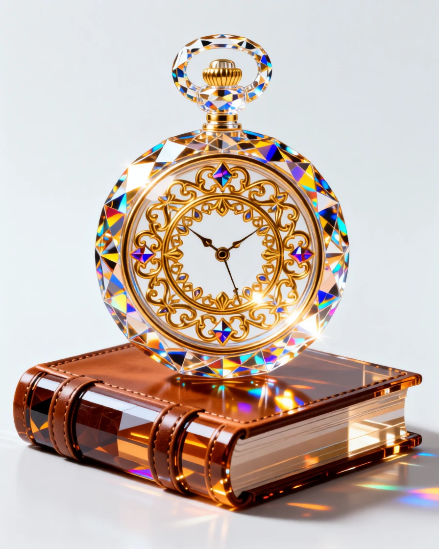 An ornate antique pocket watch with intricate gold filigree resting on a leather-bound journal.
