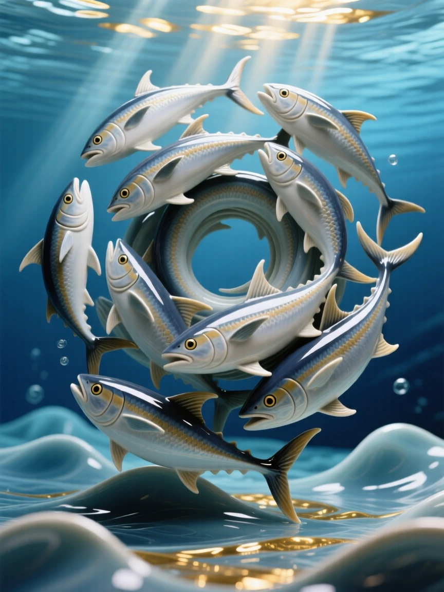 A school of tuna moving in a tight spiral drifting weightlessly through open blue, with sunlight filtering down in golden shafts, stirring wonder at the mysteries of the deep.