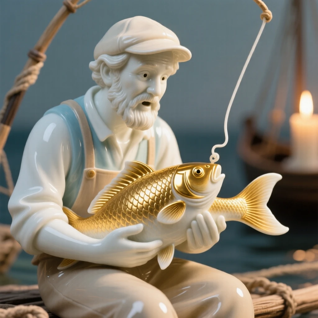 A storybook depiction of a fisherman who caught a golden fish sharing an unlikely moment of friendship, softly lit as if illuminated by a single candle.