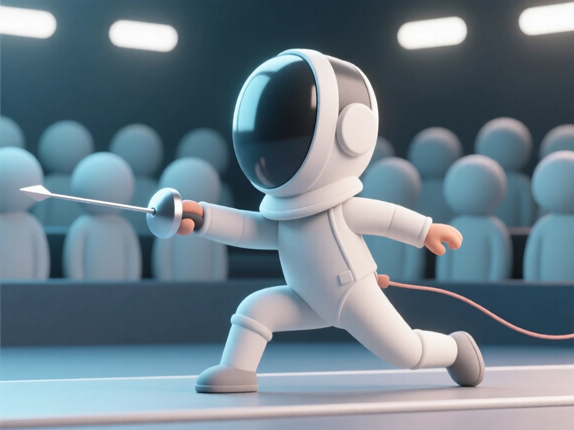 A focused fencer lunges forward with a foil, mask gleaming under bright tournament lights as the crowd watches.