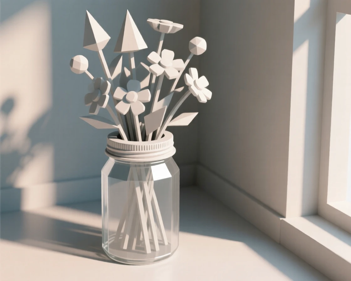 A bouquet of wildflowers in a mason jar, in a cozy, sunlit corner. soft directional light creates gentle shadows. The atmosphere feels cozy and personal.