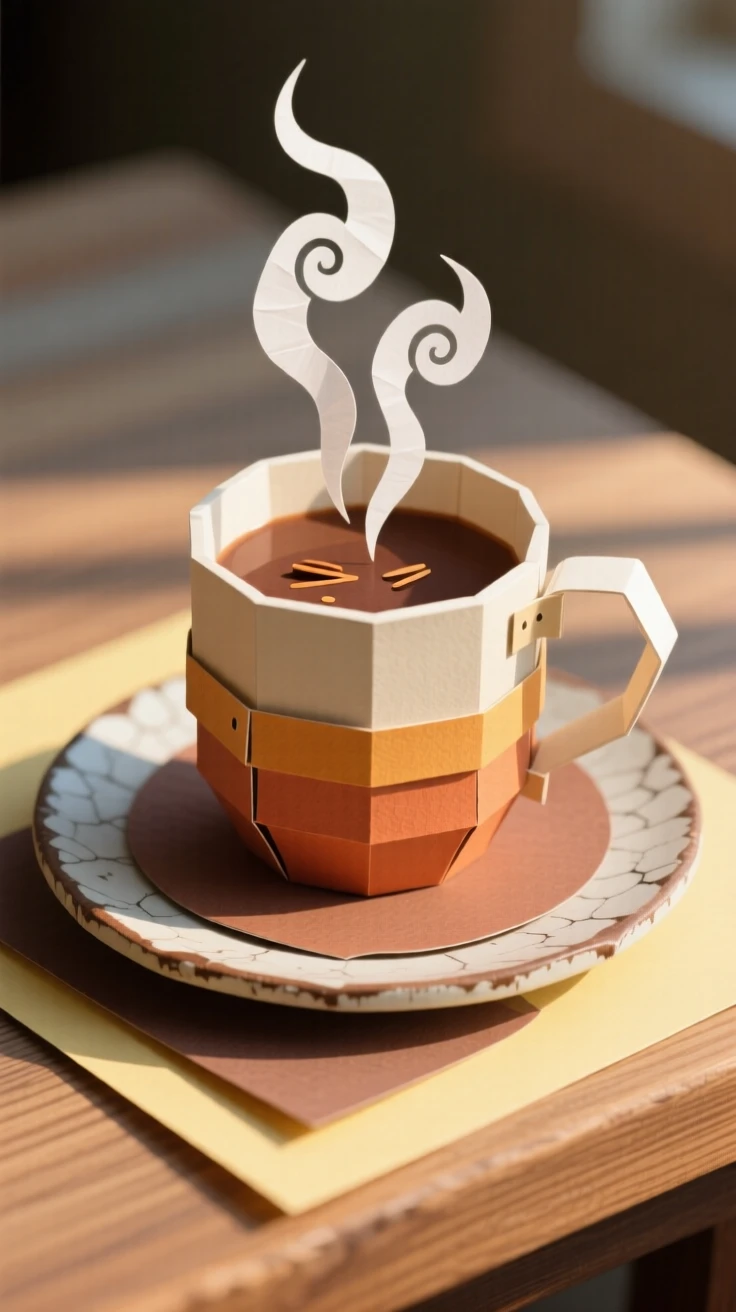 A steaming mug of spiced cider presented on a rustic ceramic plate, with morning light catching every texture, evoking comfort and rich flavor.