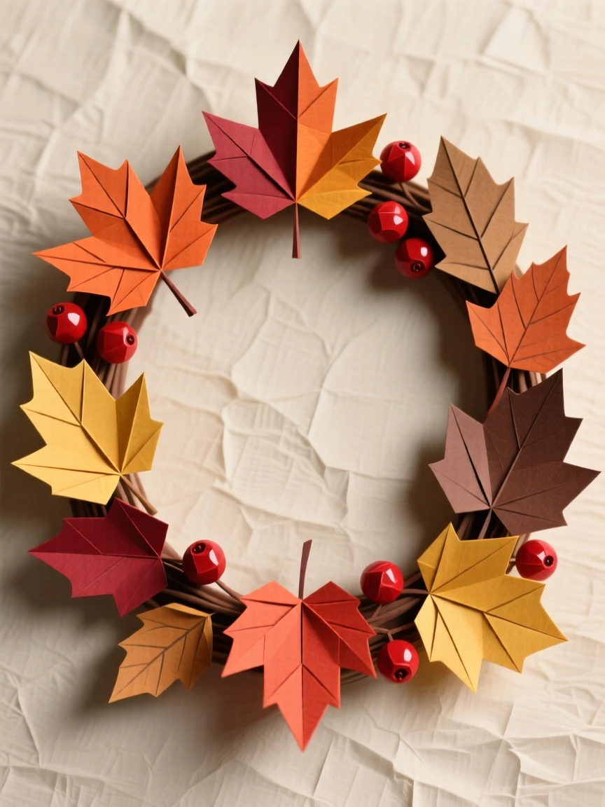 An elegant wreath of autumn leaves and berries arranged in a graceful oval.