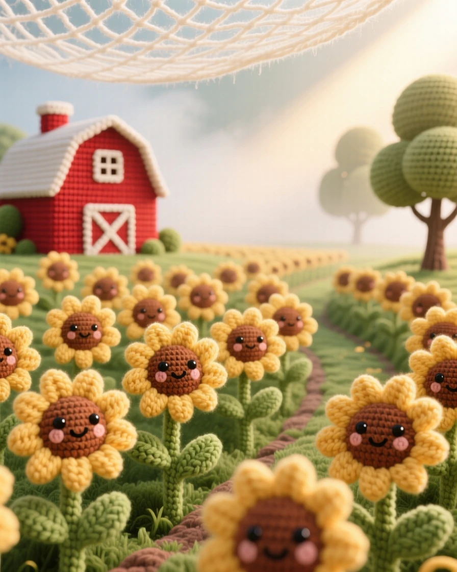 A tranquil view of a field of sunflowers facing the morning sun, stretching in neat golden rows, framed by a distant red barn, under a canopy of soft morning mist, with a soft beam of light breaking through the trees, evoking peaceful, untouched natural beauty.