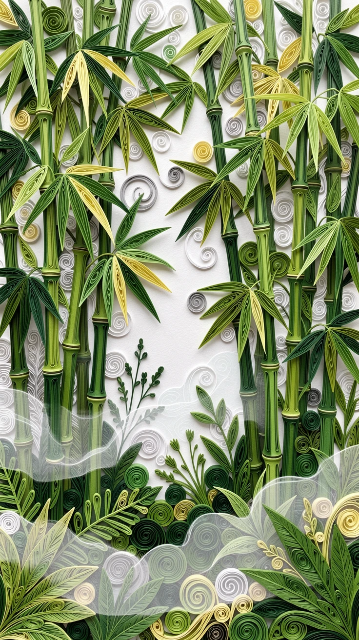 A serene botanical study of a tranquil bamboo grove with tall green stalks in an overgrown secret garden corner, under a light mist rising from the ground, spread across the frame in a lush, full composition.