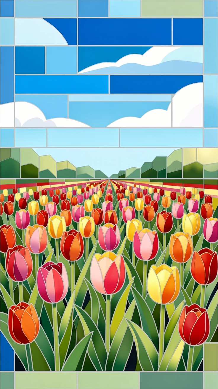 An endless tulip field in the netherlands under a bright blue sky, with soft morning light and a gentle blur of background greenery.
