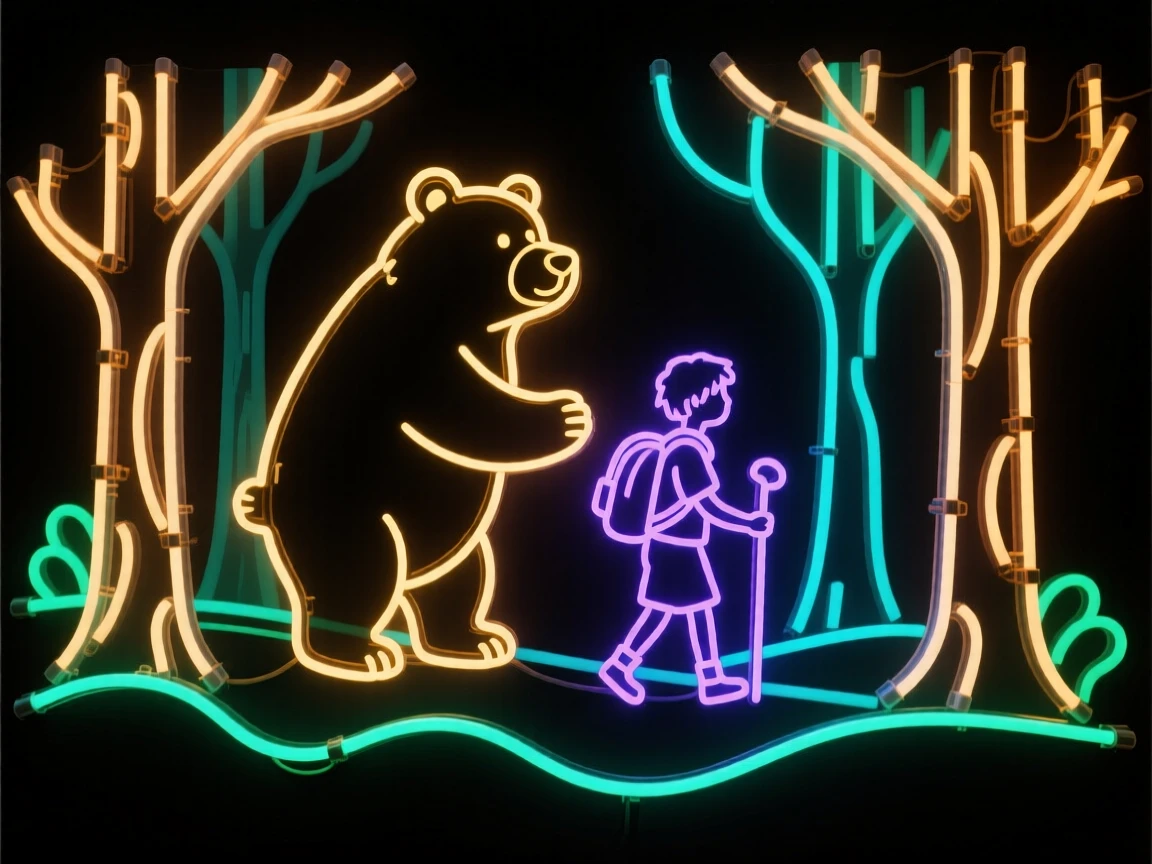 A talking bear guiding a young traveler through an enchanted wood.
