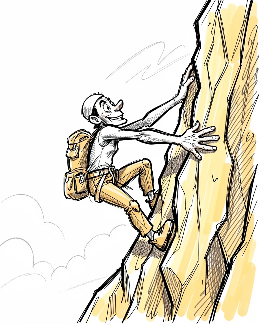 A rock climber scaling a sunlit cliff face under a wide open summer sky.