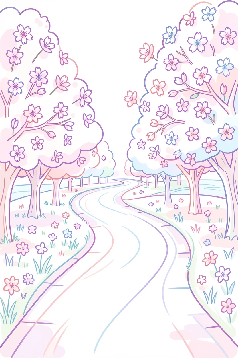 A field of blooming cotton candy-colored cherry blossoms along a river path.