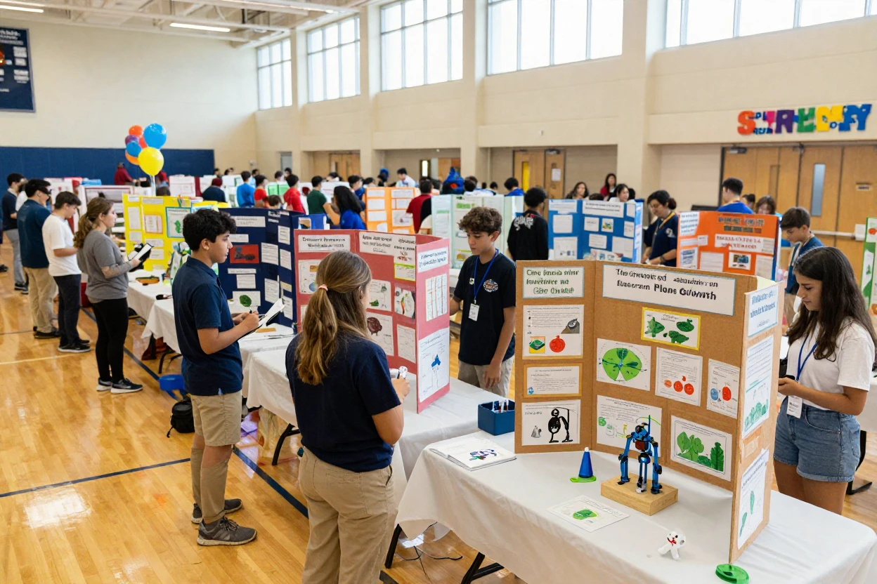 A science fair with students presenting colorful projects