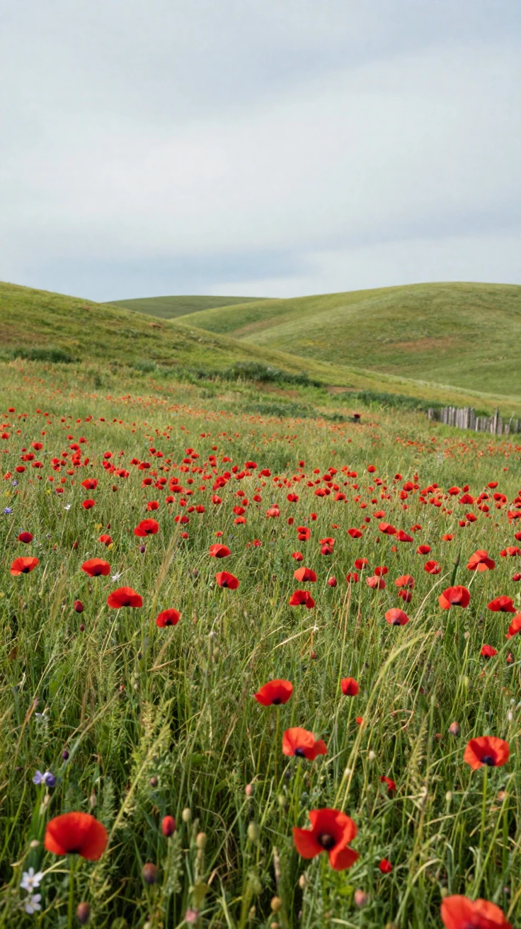 A field of wild poppies ripples red across rolling green hills.