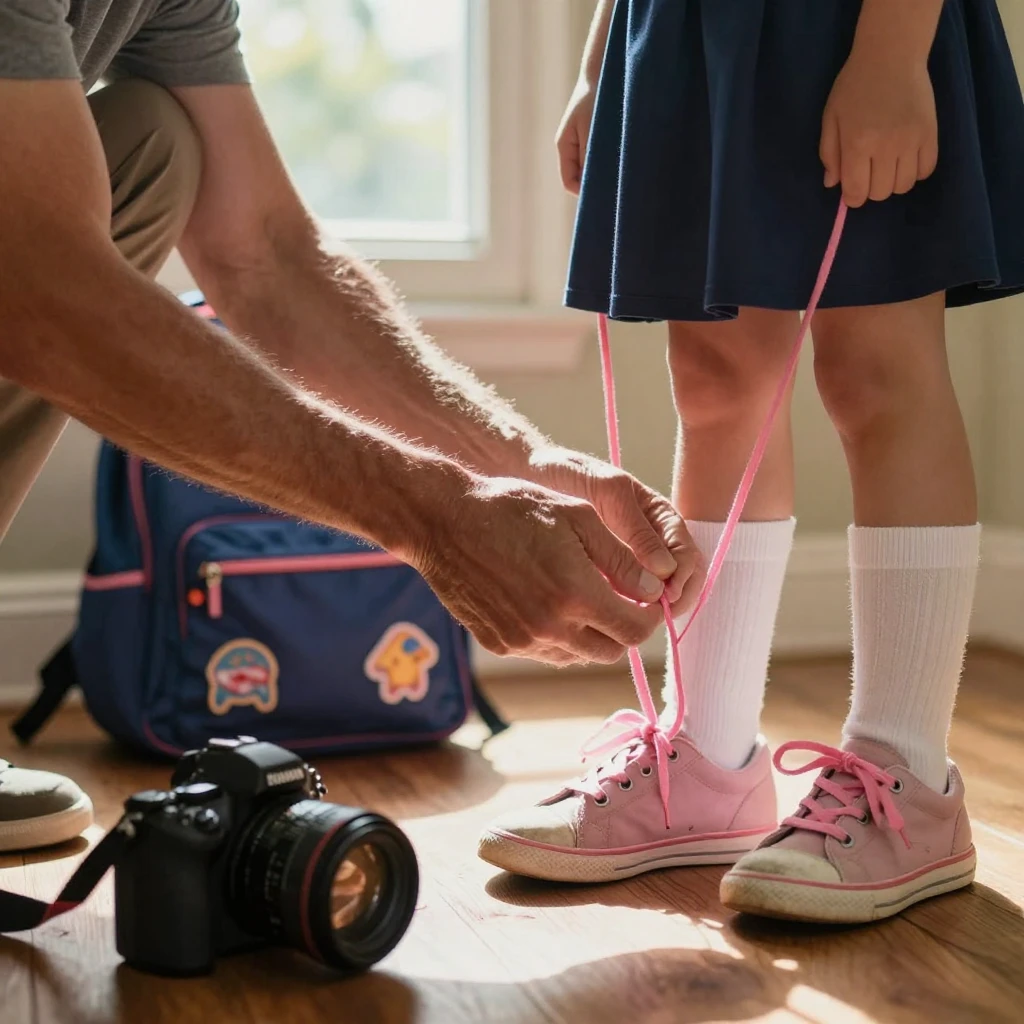 A father's hands gently tying his daughter's shoelaces before her first day of school