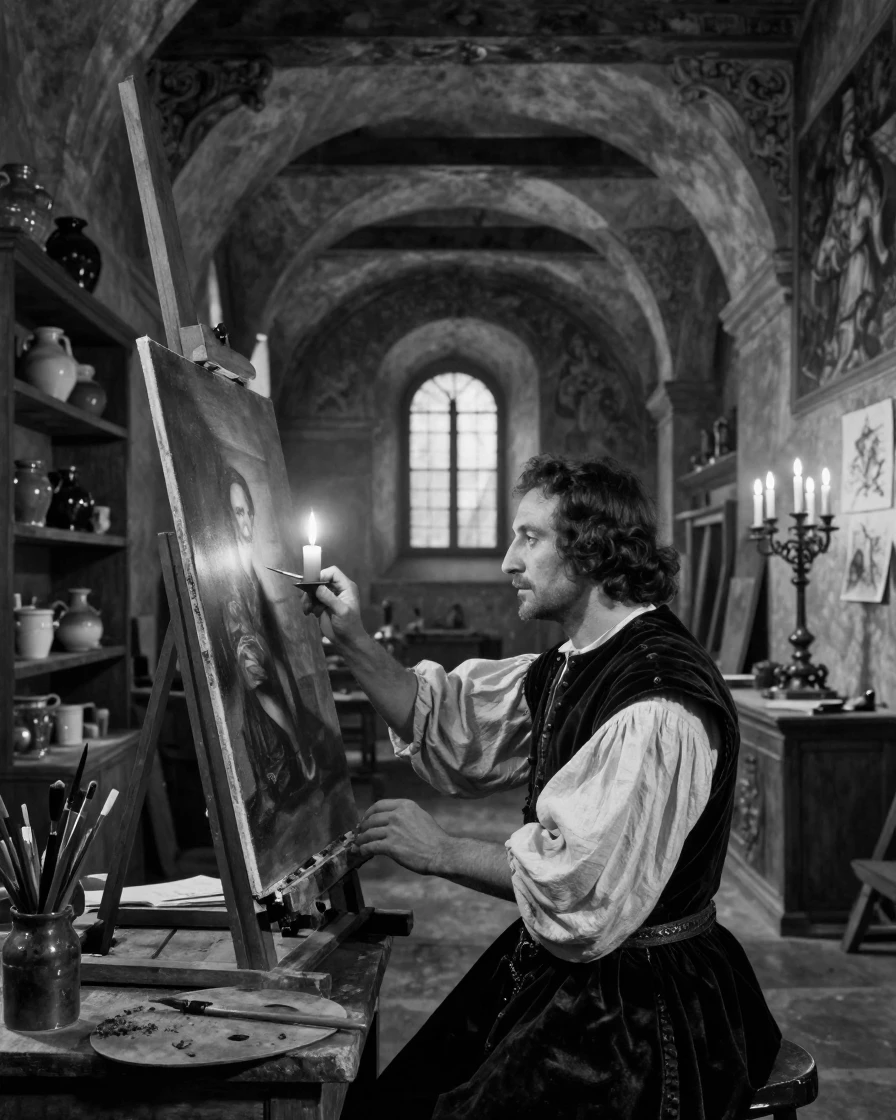A renaissance painter paints a masterpiece by candlelight inside a grand Renaissance studio.
