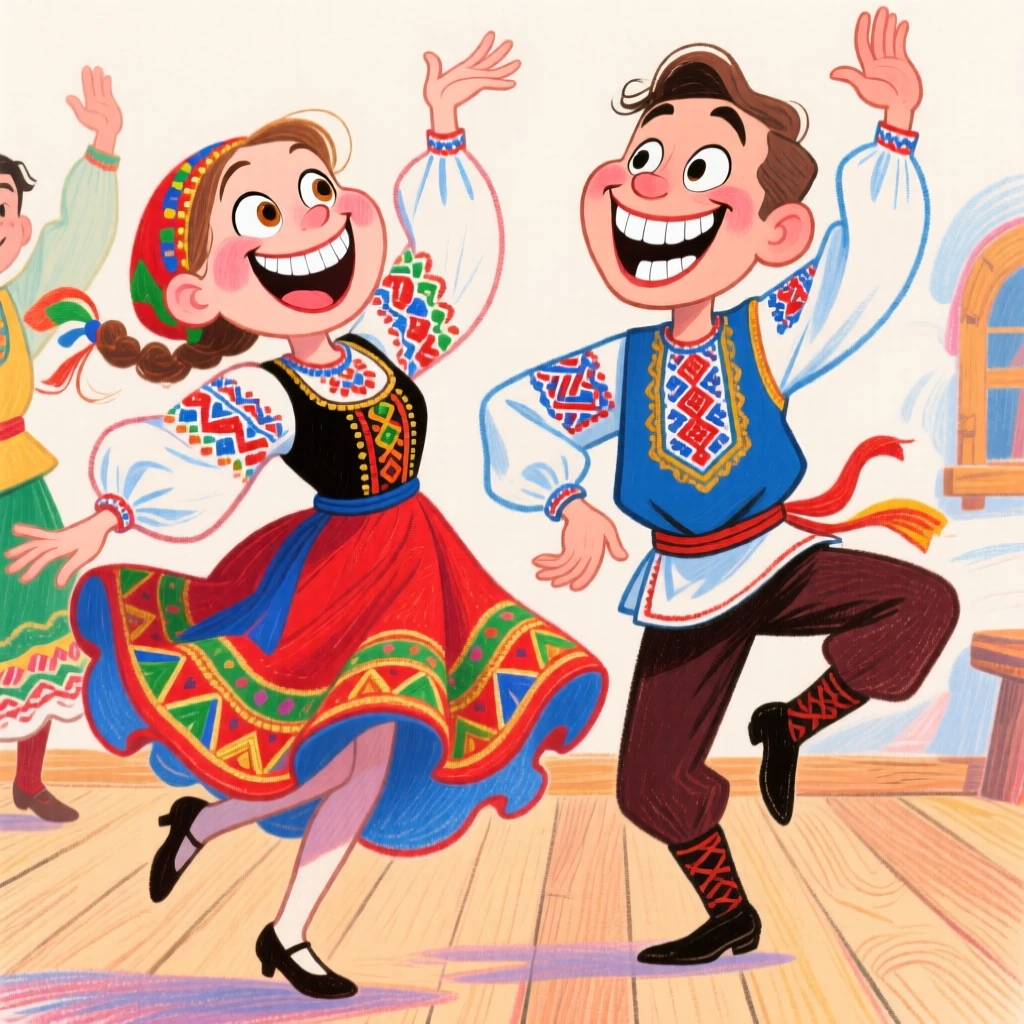 Traditional Russian dancers in colorful folk costumes performing a lively kazachok.