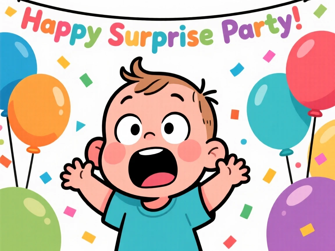 A funny expressive moment showing a toddler reacting with exaggerated shock to a surprise party, with wide eyes and an open-mouthed grin.