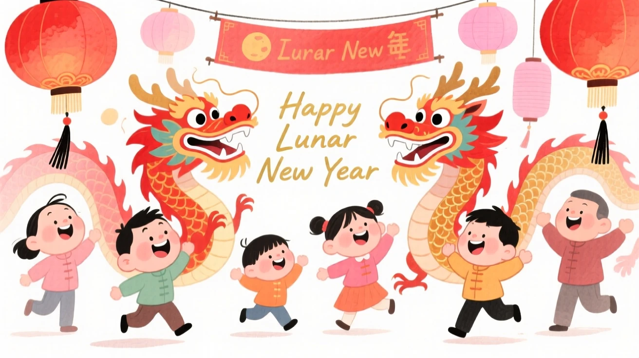 A joyful celebration scene of a Lunar New Year celebration with red lanterns and dancing dragons, bursting with color and joy