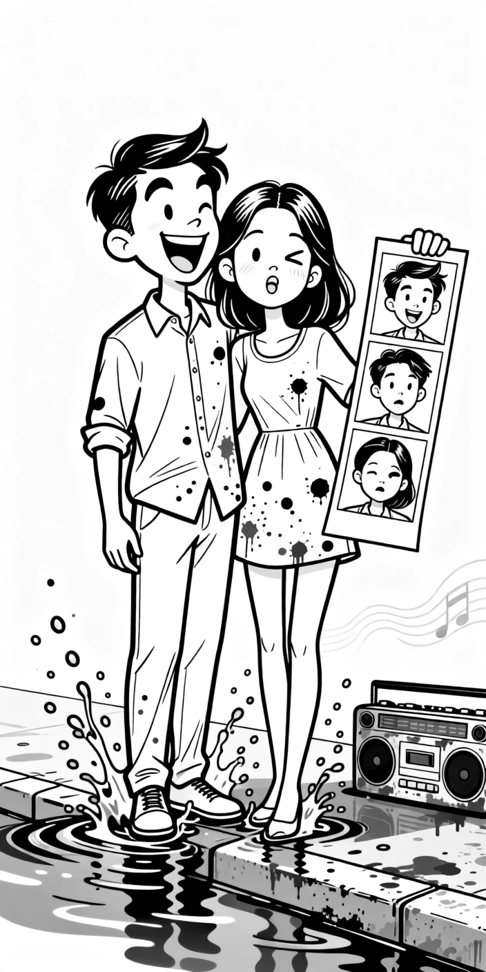 A couple taking a goofy photo booth strip together, pulling ridiculous faces for the camera, set splashing through a flooded sidewalk. A paint-stained radio plays faintly in the background. It captures romance in its most playful, everyday form.
