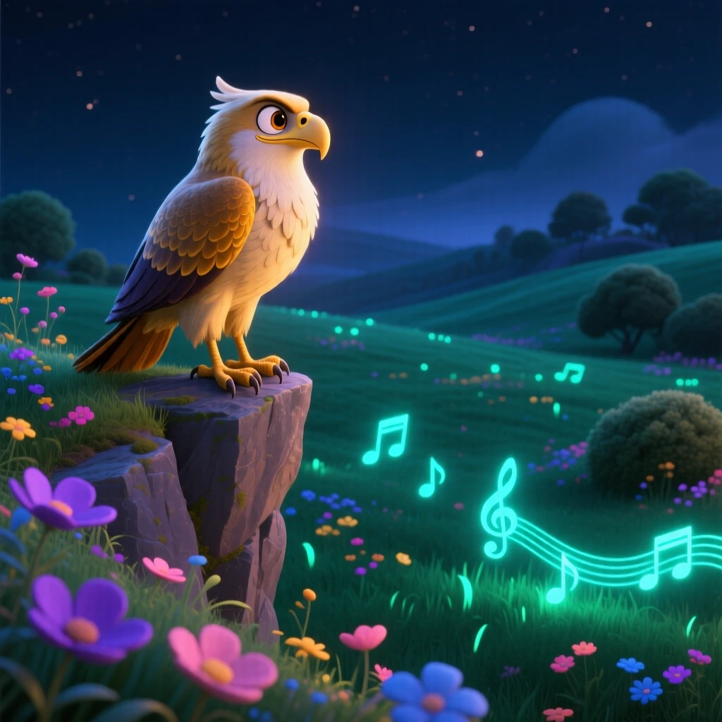 A griffin perched on a cliff stands in a meadow where the grass glows softly at night, floating gently above a field of flowers. The atmosphere feels mystical yet warmly inviting, with faint music seeming to drift on the breeze.