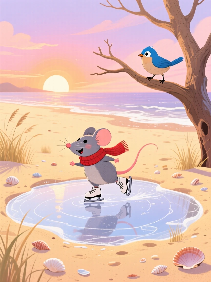 A tiny field mouse is ice skating on a frozen puddle in a sandy beach at sunrise, while a curious bird watches from a branch.