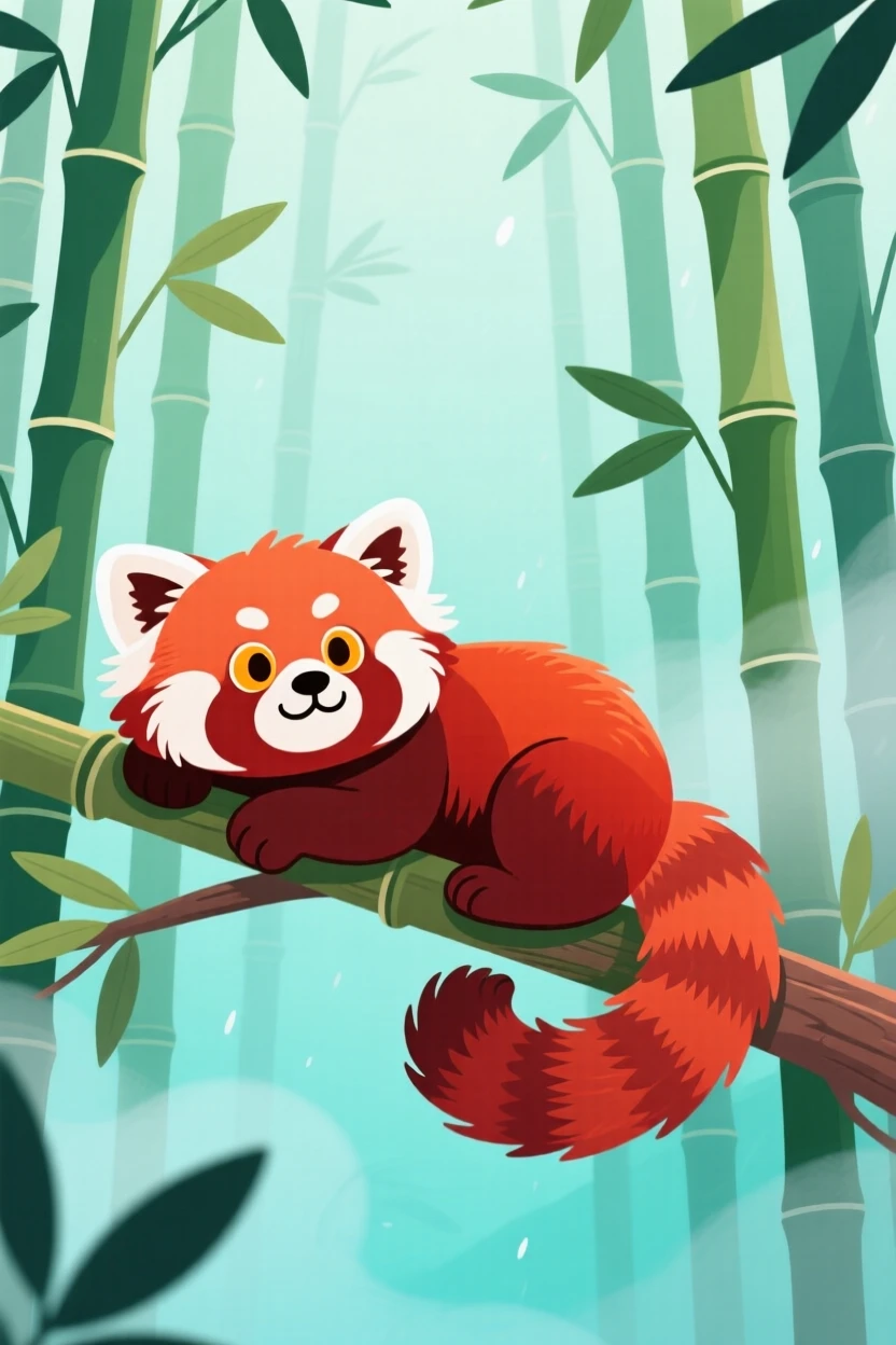 A red panda resting in a misty bamboo forest canopy.