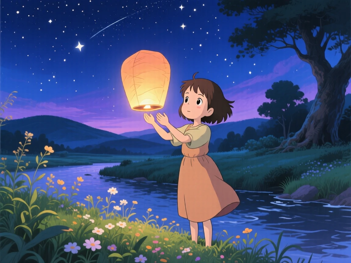 A tender moment of a girl releasing a paper lantern into the night sky, eyes full of hope, the scene gently triumphant.