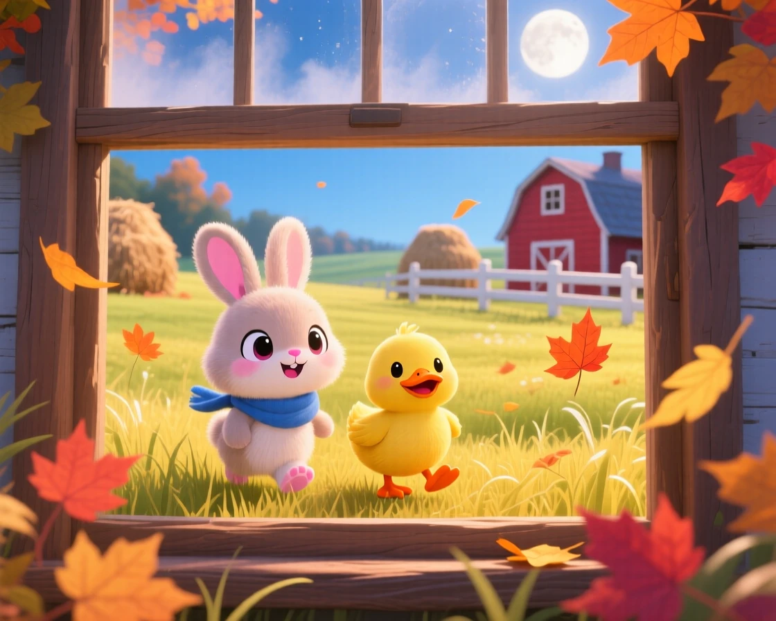 Framed through a window of a rabbit and a duckling, waddling together through tall grass, in a sunny farm meadow, with autumn leaves swirling around, illuminated by soft moonlight, radiating playful mischief.