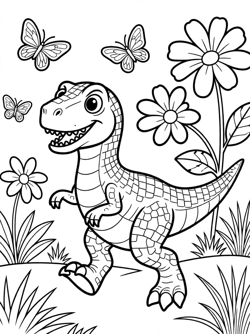 A young T-Rex chasing butterflies through prehistoric flowers
