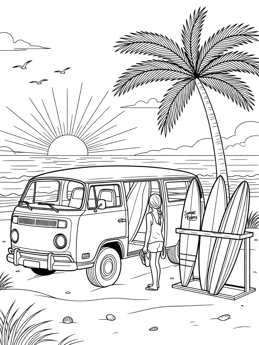 A classic VW van parked near a surf beach at sunset, with a warm golden light bathing the scene.