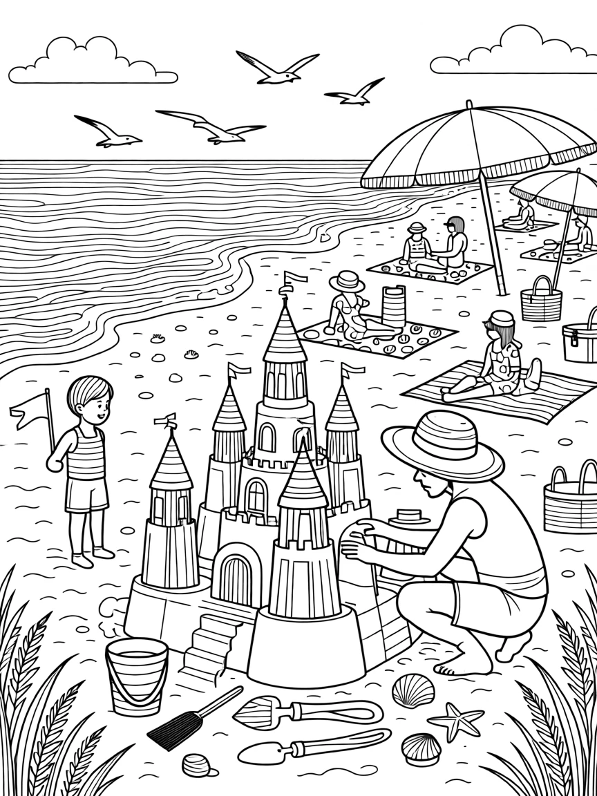 A summer sandcastle-building scene on a busy beach.